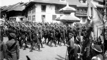 Soldiers marching on the crowning day of king Tribhuvan