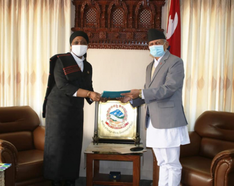 Newly-appointed UN Resident Coordinator to Nepal, Sara Beysolow Nyanti presents her credentials to FM Gyawali