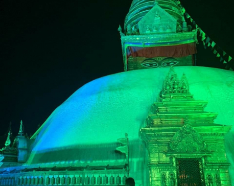 Swayambhunath Temple lighted up in teal color to raise awareness about cervical cancer