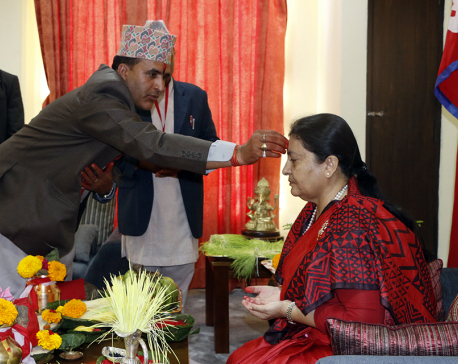 Dignitaries receive Dashain tika and jamara (Photo Feature)