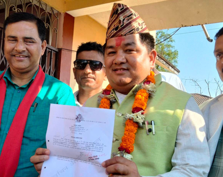 NC leader Jeet Narayan Shrestha registers his candidacy for Chitwan-2 by election