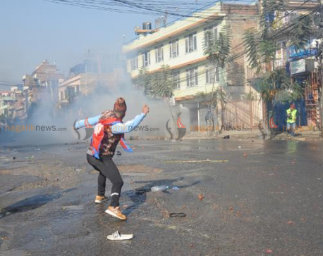 Police fire half a dozen tear gas shells and water cannons in Balkhu to disperse the crowd