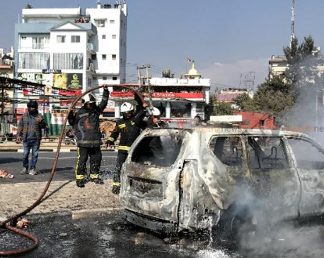 Balkumari area remains tense as agitating EPS examinees set Minister Jwala's car on fire