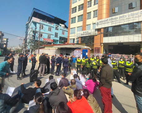 KMC doctors on protest demanding lifting of suspension of Dr Dahal