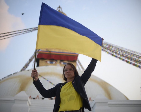 Members of diplomatic community in Nepal gather at Boudhanath Stupa to show support for Ukraine