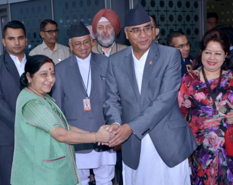 External Affairs Minister Swaraj welcomes PM Deuba in India