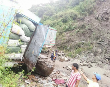 Landslide damages cargo truck at Rasuwa check point