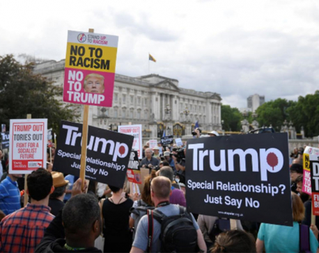 Donald Trump turns to Brexit and Huawei as protesters mock with a 'blimp'