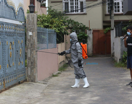 IN PICS: Local youths spraying disinfectants in COVID-19 affected areas of Madhyapur Thimi Municipality