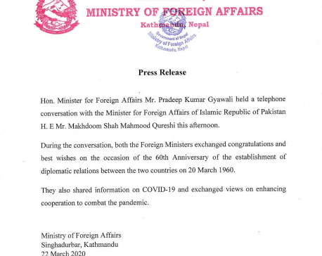 Foreign Ministers of Nepal and Pakistan hold telephone conversation on occasion of diplomatic ties establishment