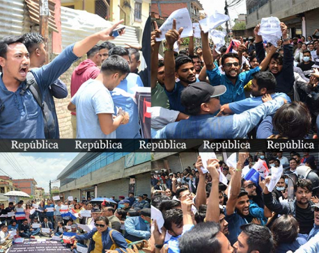 Students, youth leaders close to Koirala faction stage demonstration at NC headquarters