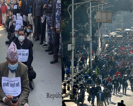 PHOTOS: Dahal-Nepal faction of NCP stages demonstration against govt move at Maitighar