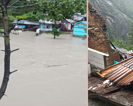 Incessant rainfall triggers flood in Manang, most houses in Taalgaon inundated