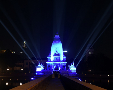 Historic monuments Rani Pokhari and Dharahara turn blue to mark World Children’s Day 2021 in Nepal