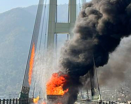 Vehicular movement halted on Karnali Bridge after 14 support wires damaged partially in fire