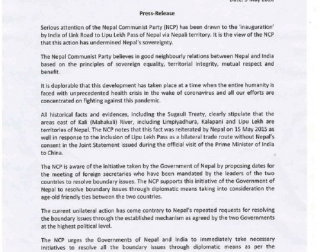 Ruling NCP deplores India's unilateral road construction through Nepali territory Lipulekh (with statement)