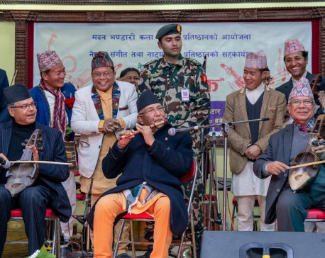 PM Oli and two former PMs play flute and sarangi at Baluwatar