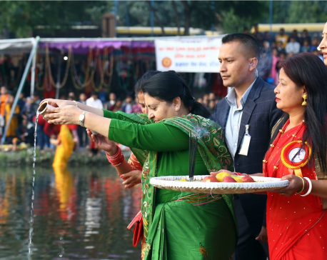 President Bhandari, VP Pun attend Chhath festival celebration at Kamal Pokhari