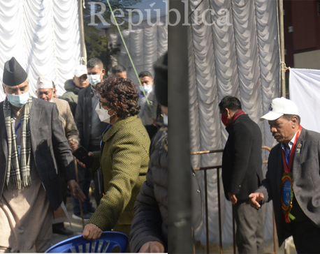 Gurung casts first vote of NC election; Deuba, Singh arrive at poll venue