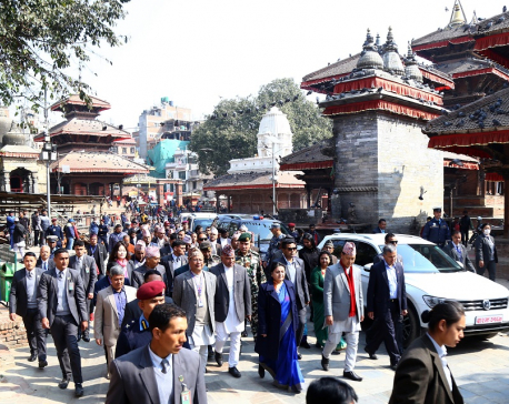 President Bhandari inspects reconstruction of heritages sites in capital (with photos)