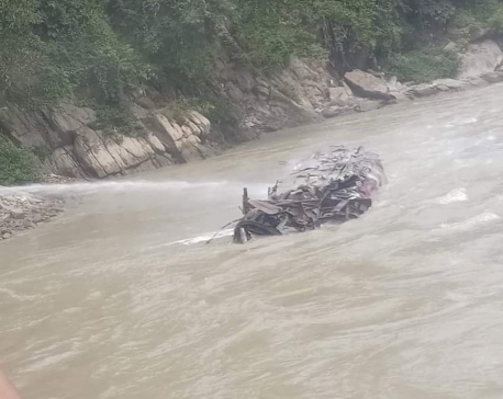Fuel tanker plunges into Trishuli River, driver and helper remain unscathed