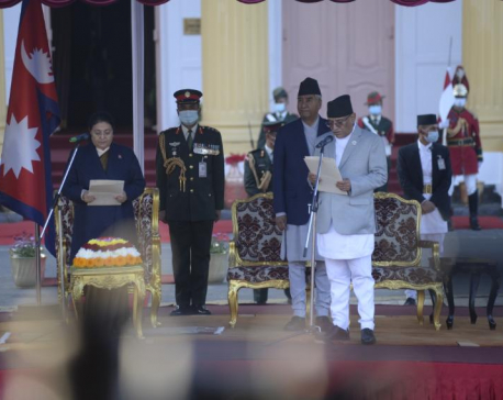 PM Dahal takes oath of office and secrecy wearing Daura-Suruwal