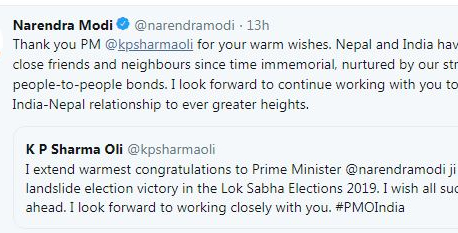 Narendra Modi thanks Nepali leaders who congratulated him on election victory