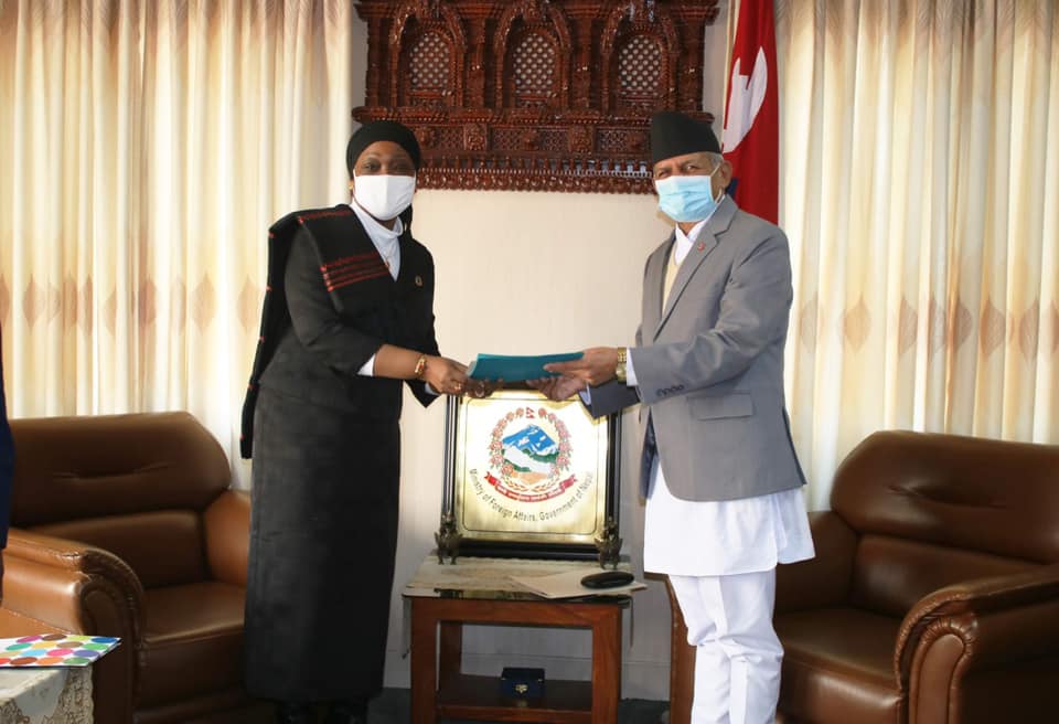 Newly-appointed UN Resident Coordinator to Nepal, Sara Beysolow Nyanti presents her credentials to FM Gyawali