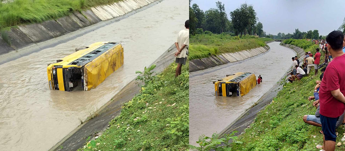 15 students injured after a bus carrying them falls in irrigation canal in Tikapur