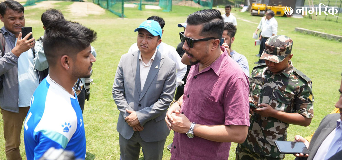 Sports Minister Shrestha meets cricketer Sandeep Lamichhane at TU cricket ground (In Pictures)