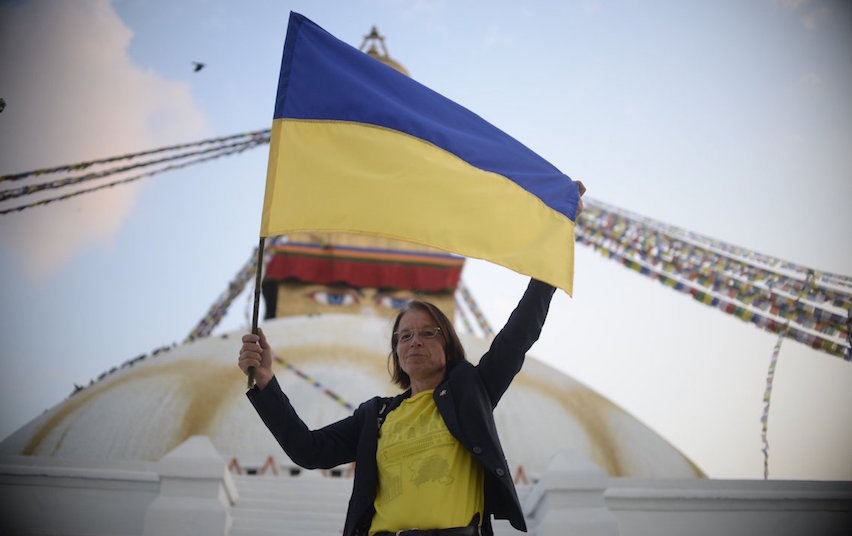 Members of diplomatic community in Nepal gather at Boudhanath Stupa to show support for Ukraine