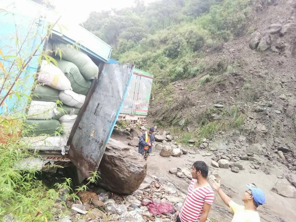 Landslide damages cargo truck at Rasuwa check point