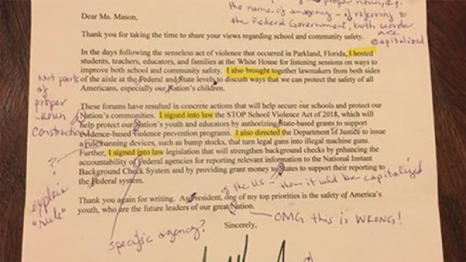 Retired English teacher sends back letter written by Trump  after correction