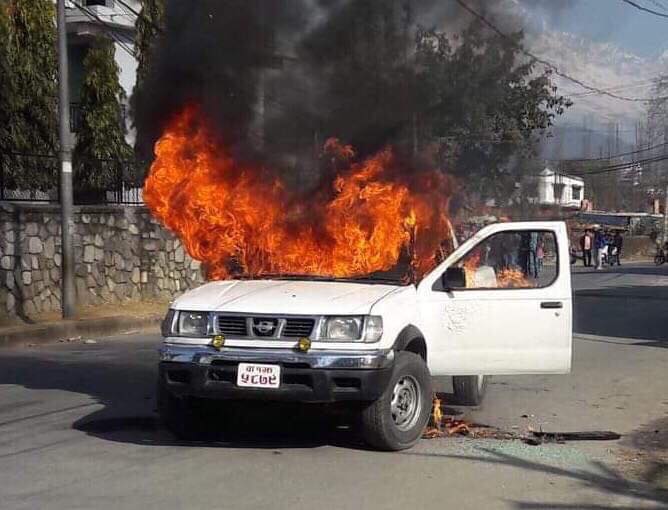Unidentified group torches government vehicle in Pokhara