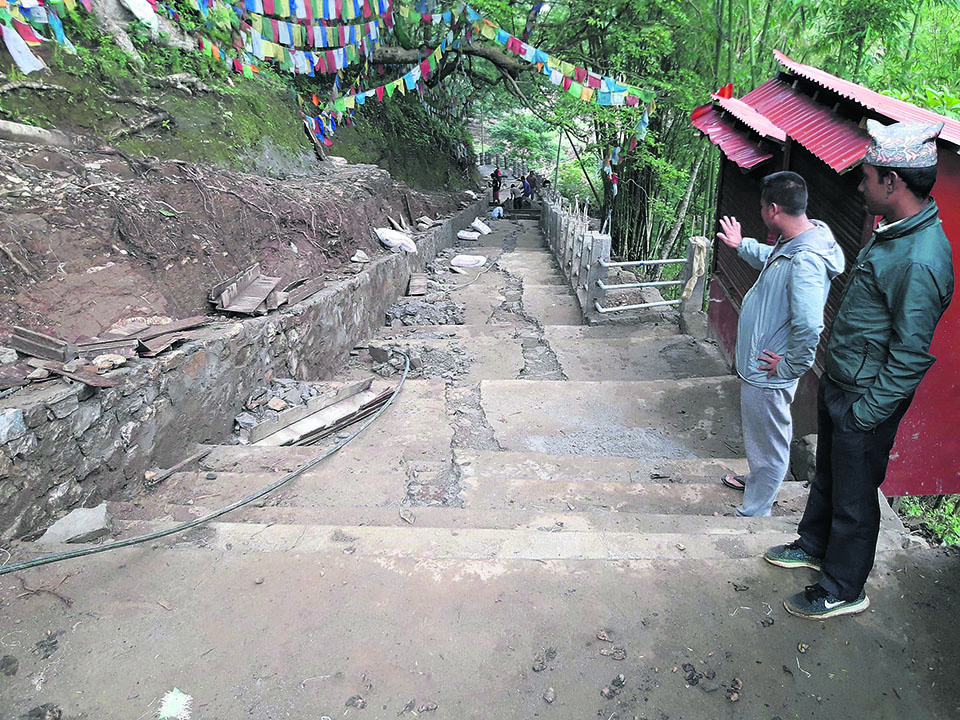 Concrete stairs to religious spot Halesi damaged even before construction completed