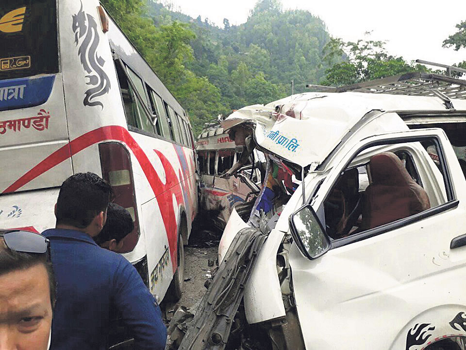 2 killed, 25 injured in Dhading bus-vans collision
