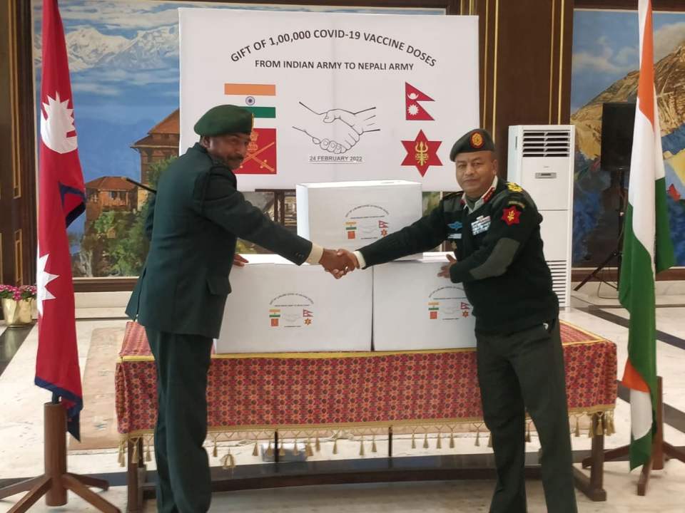 Indian Army gifts 100,000 COVID-19 vaccines to Nepal Army