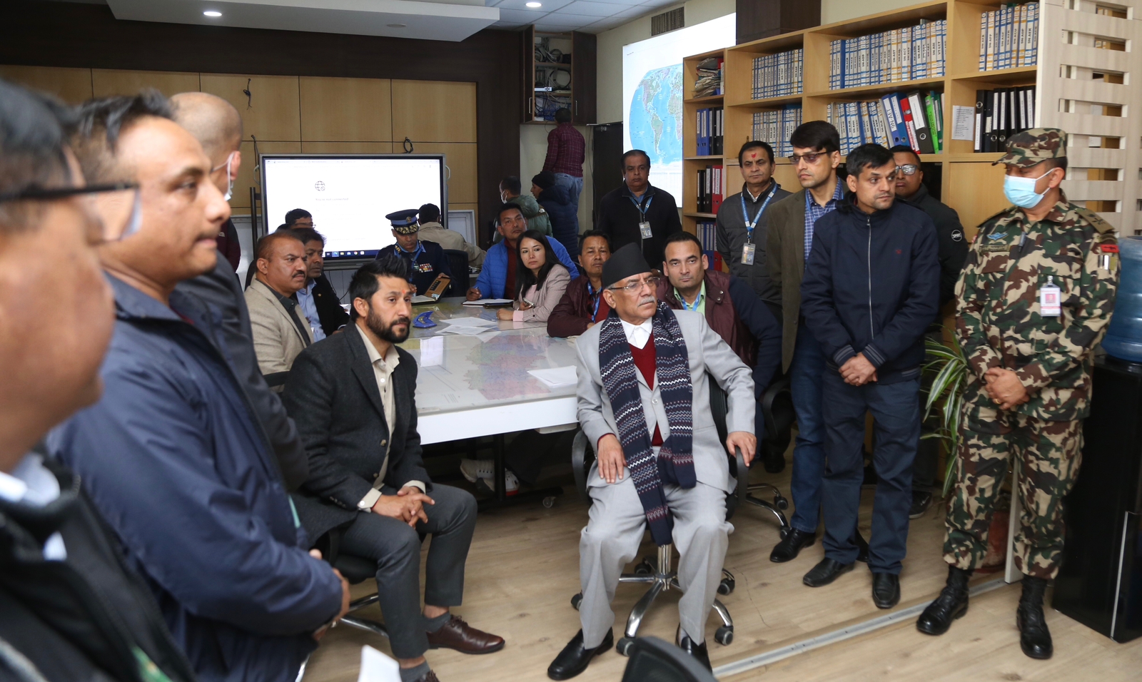PM Dahal and Home Minister Lamichanne reach TIA control room to get details about Pokhara plane crash