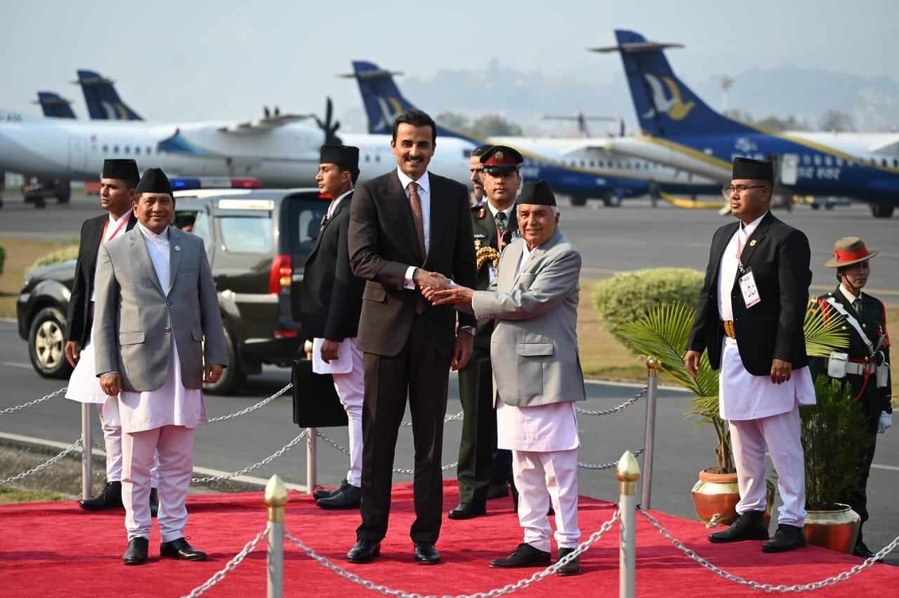 Qatar Emir in Kathmandu, President and Prime Minister welcome Emir at TIA (In Photos)