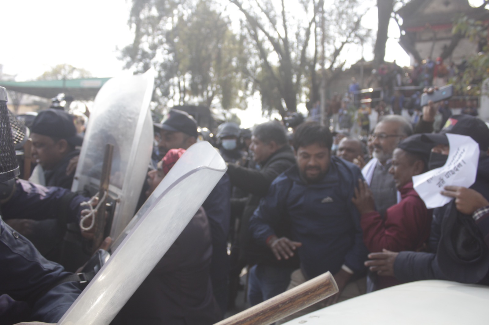 Police chase away Rajendra Mahato for trying to breach prohibitory orders and enter restricted area (In Pictures)