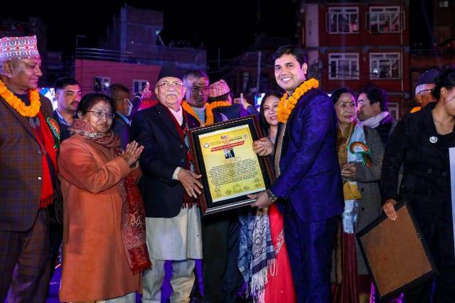 Former PM Oli felicitates choreographer Aswini Kant Jha, actor Rajesh Hamal and others at 4th Epic Nepal Music Awards