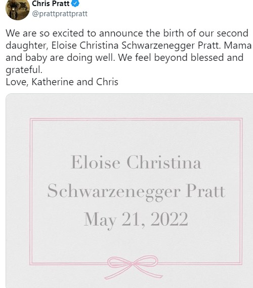 Chris Pratt and Katherine Schwarzenegger Announce the Birth of Second Child