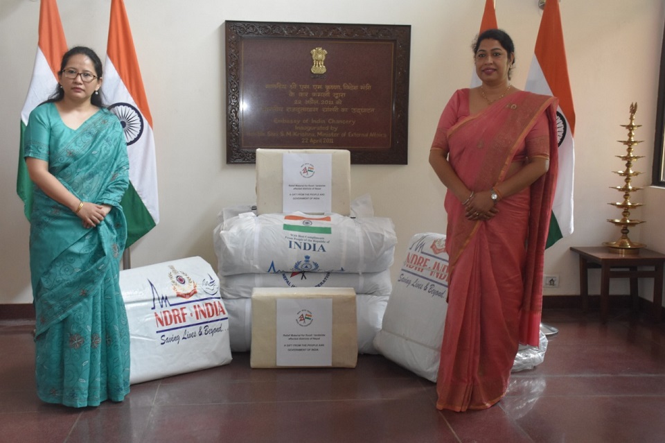 Indian Embassy in Nepal hands over consignment of disaster relief material to NIWFS president