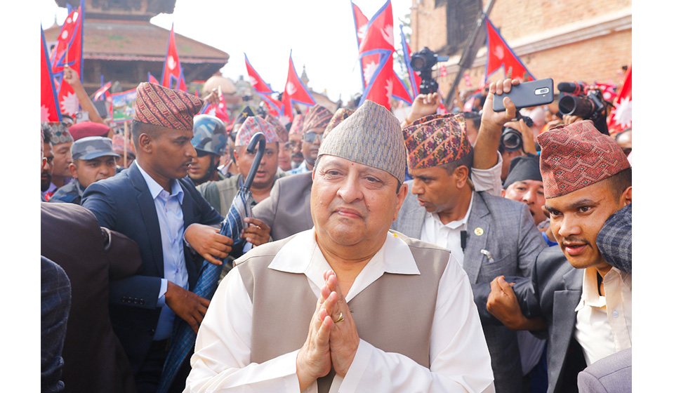 In Pictures: Former King welcomed by supporters at Bhaktapur Durbar Square