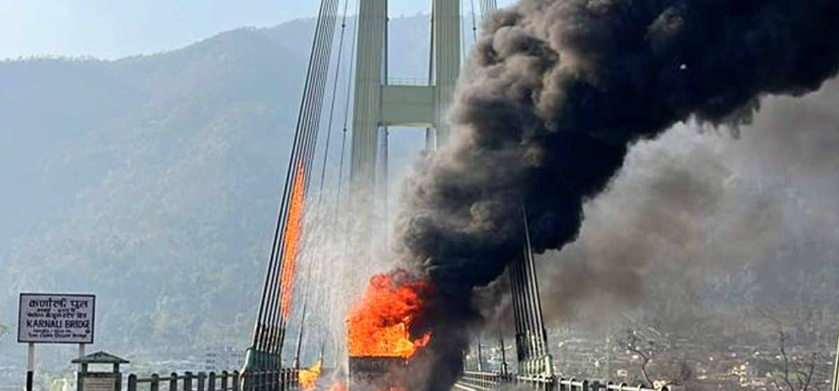 Vehicular movement halted on Karnali Bridge after 14 support wires damaged partially in fire