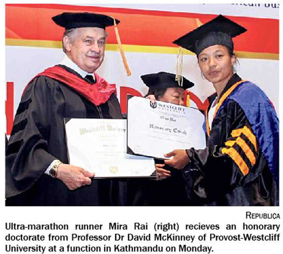 Ultra-marathon runner Mira Rai felicitated with honorary doctorate degree in Business Administration