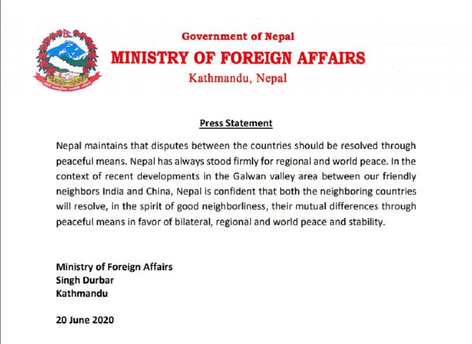 Nepal hopes India and China will settle disputes peacefully for bilateral, regional and world peace and stability