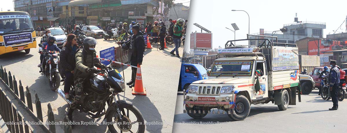 Impact of NCP (Dahal-Nepal faction)’s general strike in Bhaktapur: Police returning vehicles, people from Jadibuti