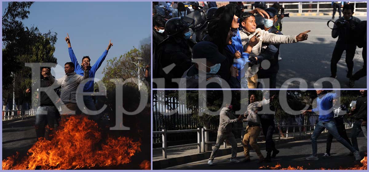 PHOTOS: Chand-led CPN cadres burn tires at Bhadrakali as they try to enforce general shut down