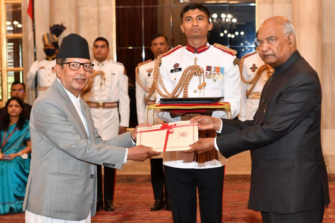 Nepal’s envoy to India, Dr Sharma presents credentials to Indian Prez